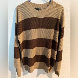 Fashion Nova Women’s Tan and Brown Striped Crewneck Sweater